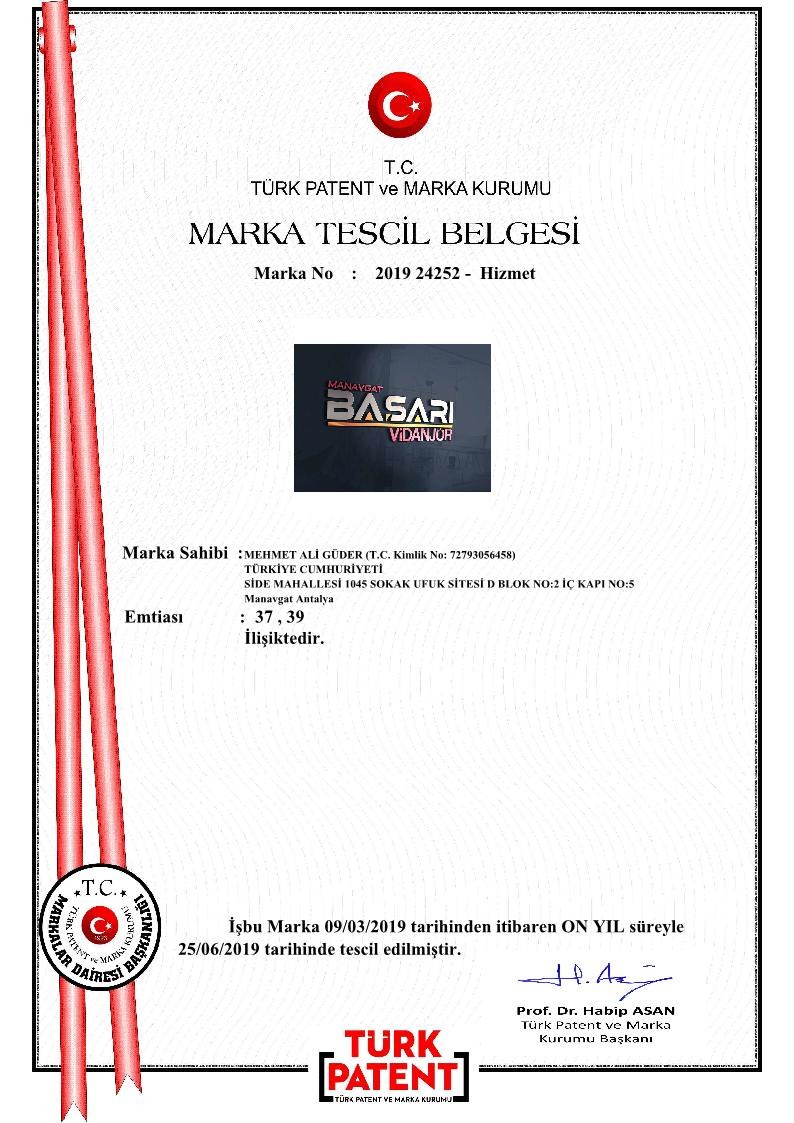 Manavgat BAŞARI Vidanjör Marka Tescil Belgesi - Türk Patent ve Marka Kurumu